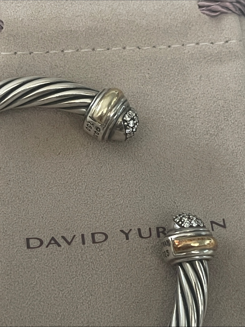 David Yurman Sterling Cable Bracelet with Yellow Gold and Diamond Terminals - Picture 4 of 6